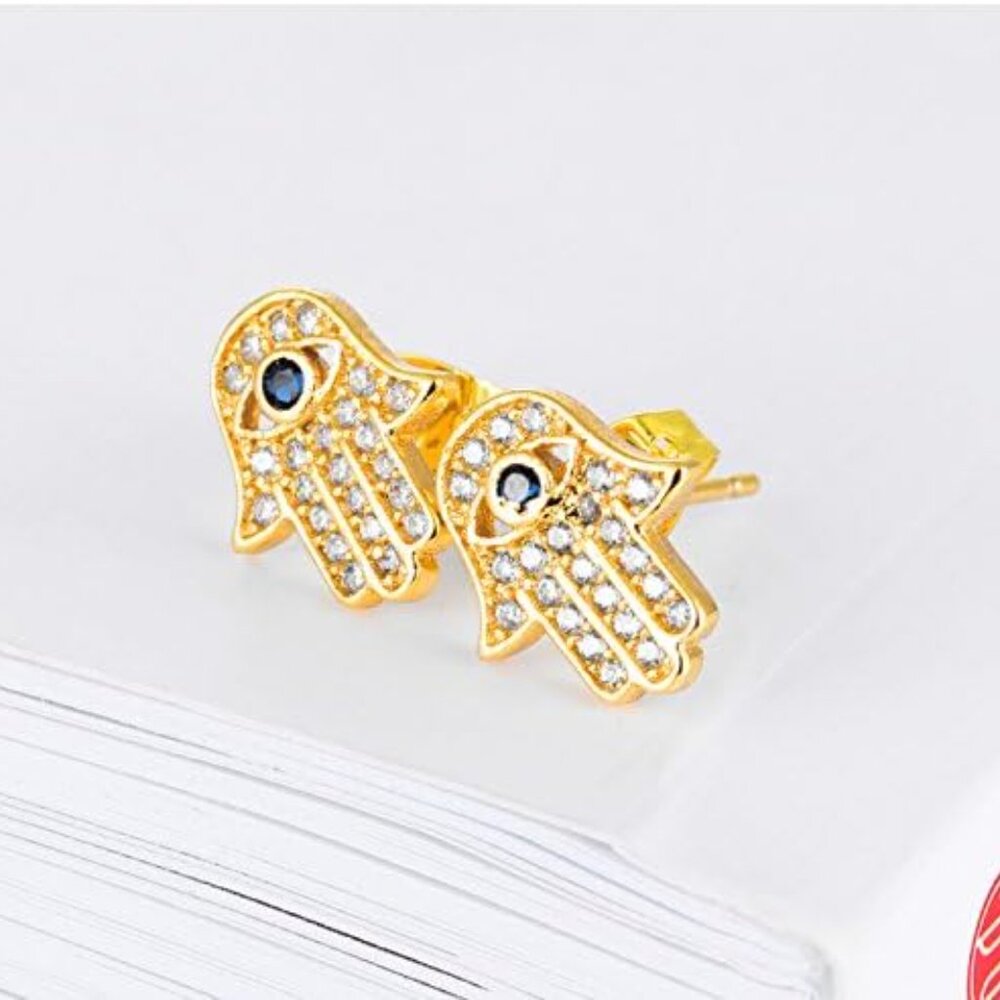 Yellow Gold/White Gold Plated Evil Eye and Hamsa Hand of Fatima White Blue Cubic - Picture 3 of 5